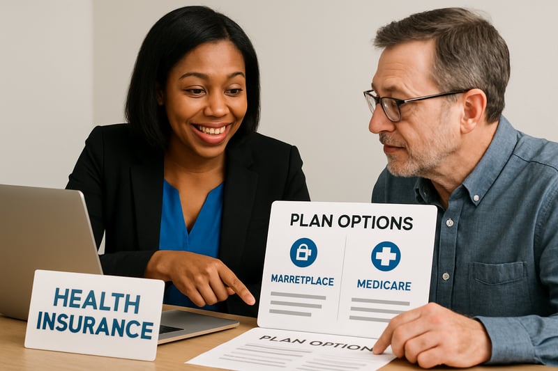 Health insurance agent assisting a client with marketplace and Medicare plan options